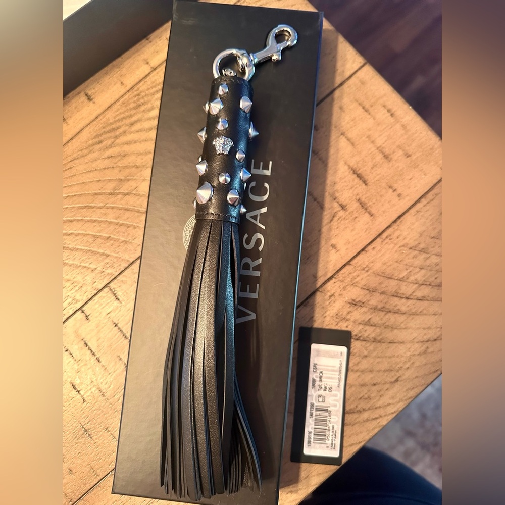 Versace Black Leather Studded Tassel Keychain